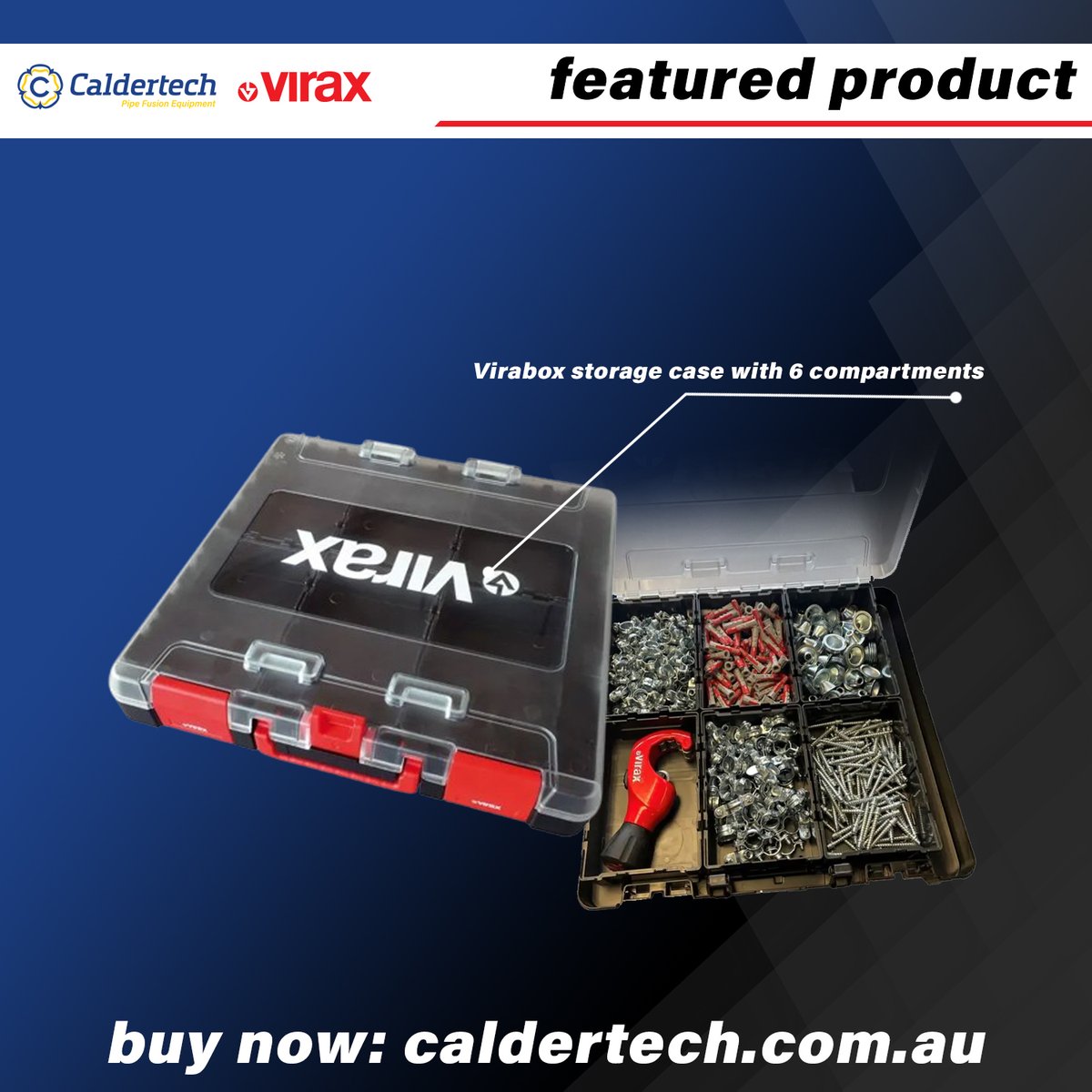 Virabox storage case with 6 compartments

Organized storage: 6 removable compartments, to store fittings, screws, tools
Safe transport: nothing comes out of its compartment
Direct view of the stock status thanks to its translucent cover
caldertech.com.au