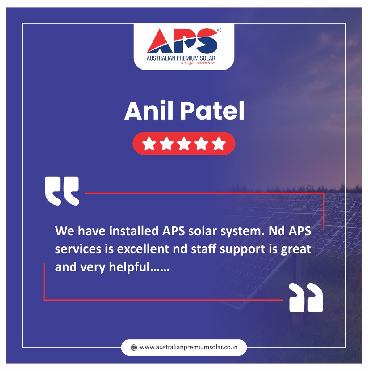 We're thrilled to receive your positive feedback! Providing great service is at the heart of what we do at APS.

Thank you for choosing us, and we look forward to serving you again in the future.

#bifacialsolar #solarsubsidy2024 #solarindustry #solarexperts #GreenEnergyFuture