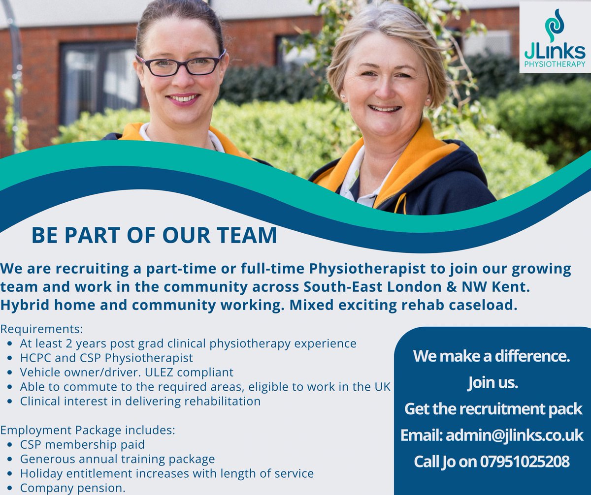 Find out more about progressing your rehab career by joining our team 
Contact us admin@jlinks.co.uk 
#bexley #blackheath #greenwich #Datford #physiotherapist