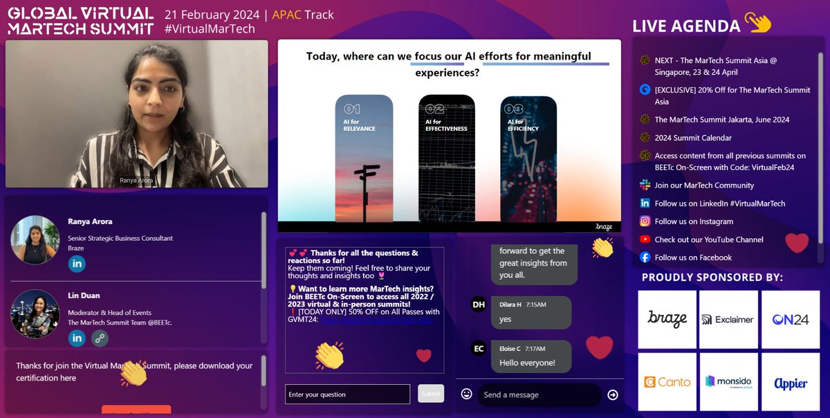 Martech_Summit's tweet photo. #APACTrack - Ranya Arora, #Braze is now on stage discussing "Artificial Intelligence For Meaningful Customer Engagement" ๐๐๐
๐ Follow #APACTrack Agenda: https://t.co/VSiyABrX0k
#TheMarTechSummit #VirtualMarTech https://t.co/PydxrqdHfh