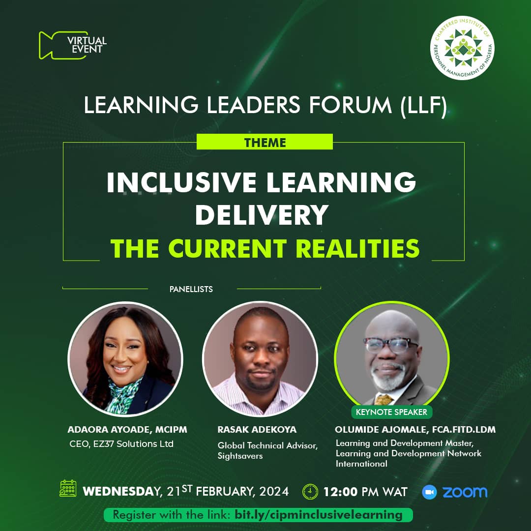 The Learning Leaders Forum (LLF) is today.

Time: 12:00 PM WAT.

Join us in exploring the realities of inclusive learning delivery and unlock pathways to equitable education for all.

Registration is open: lnkd.in/dVjHFCgQ

#InclusiveLearning #LLF2024 #EquitableEducation