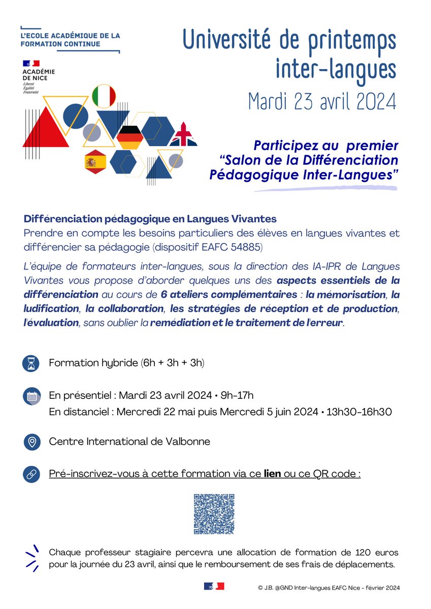 📣 Dans le cadre de l’Université de printemps de l’#EAFC_Nice, participez au 'Salon de la Différenciation Pédagogique Inter-Langues' le 2️⃣3️⃣ avril au @CIV_FRANCE ! 6 ateliers complémentaires pour explorer des méthodes éprouvées ! ➕d’infos et inscription : pedagogie.ac-nice.fr/espagnol/inter…