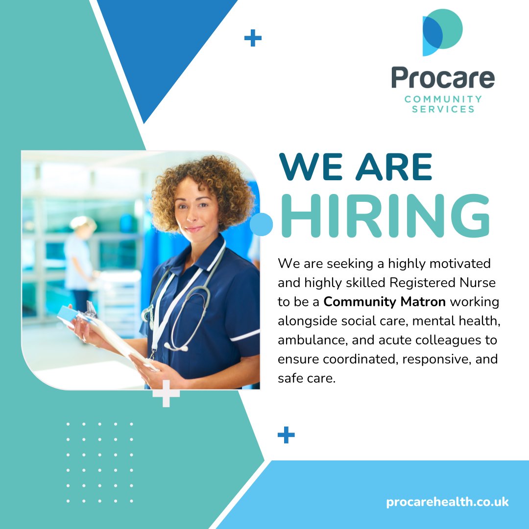 procare_health's tweet photo. We are seeking a highly motivated and highly skilled Registered Nurse to be a Community Matron working alongside social care, mental health, ambulance, and acute colleagues to ensure coordinated, responsive, and safe care.

Apply here: https://t.co/t5AYfNnHxs

#communitynursing https://t.co/dh0tZ1vl8j