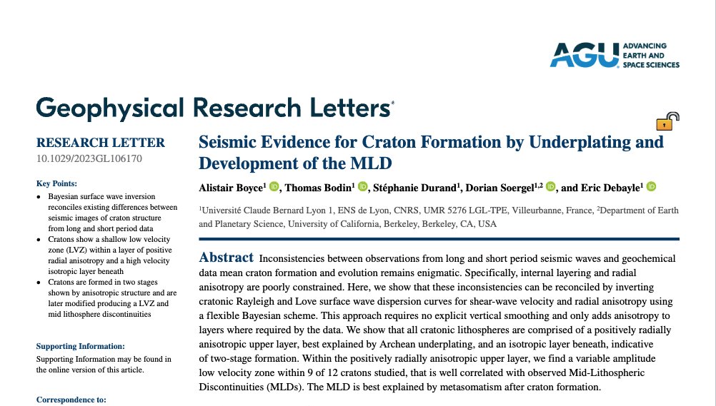 Alistair Boyce (@alistair_boyce) on Twitter photo (1/4) 📜 #NewPaperAlert 💥 in <a href="/theAGU/">AGU (American Geophysical Union)</a> #AGUGRL 👉🏻 Seismic Evidence for Craton Formation by Underplating and Development of the MLD 🌎
doi.org/10.1029/2023GL…
We discuss the formation and evolution of #Cratons 🗺 using a novel approach ✅
#Seismology #OpenAccess (1/4) 📜 #NewPaperAlert 💥 in <a href="/theAGU/">AGU (American Geophysical Union)</a> #AGUGRL 👉🏻 Seismic Evidence for Craton Formation by Underplating and Development of the MLD 🌎
doi.org/10.1029/2023GL…
We discuss the formation and evolution of #Cratons 🗺 using a novel approach ✅
#Seismology #OpenAccess