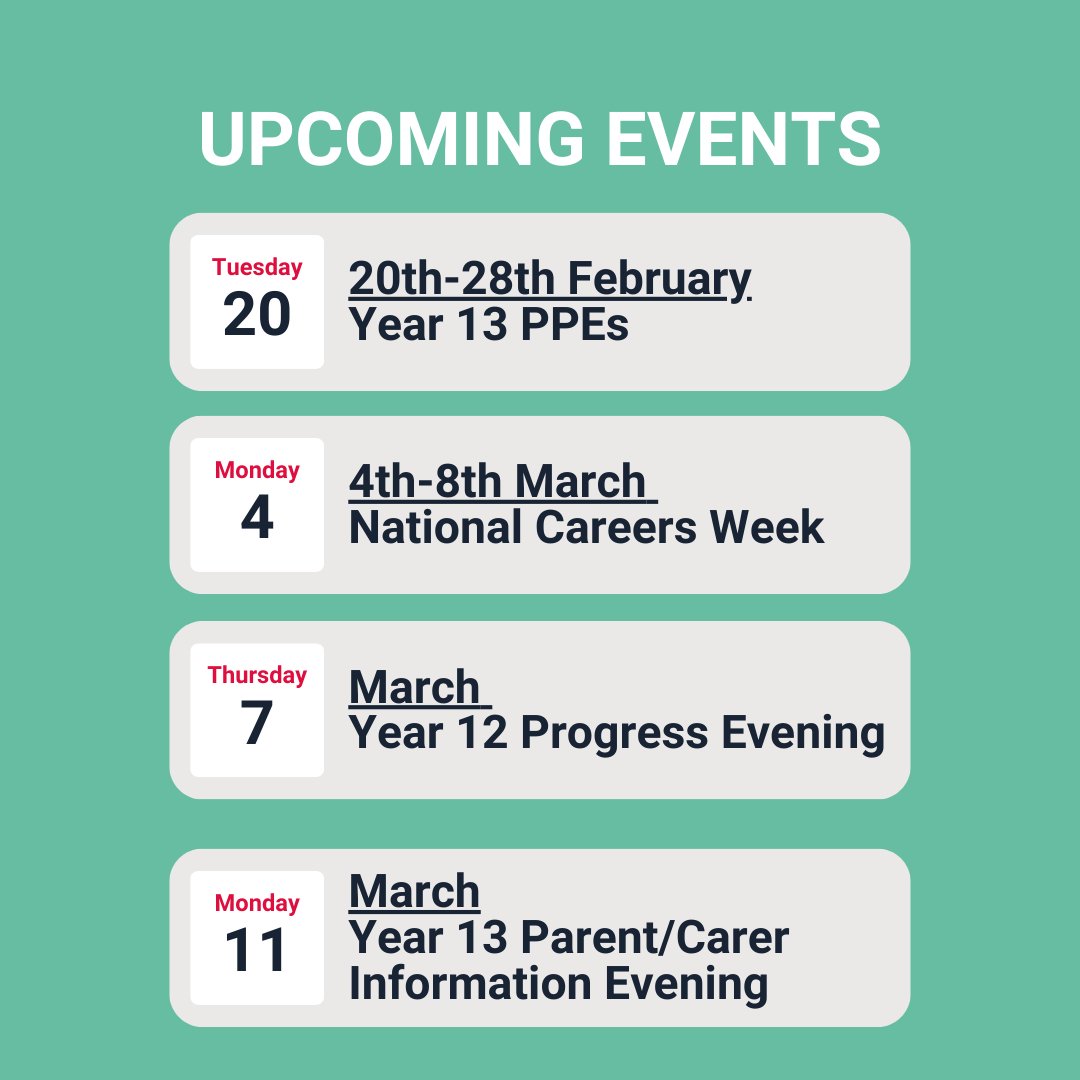 Half Term Key Dates📆 ✨Year 13 PPEs ✨National Careers Week - Follow @CNCS_BEACH for more details ✨Year 12 Progress Evening - Details will be sent to Parent/Carers @CNCSMsJarman #proudtobenewman