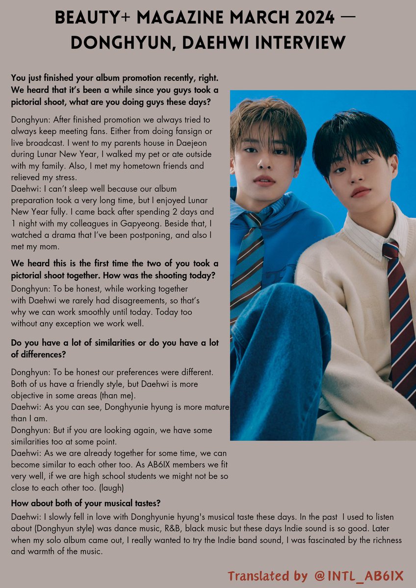 INTL_AB6IX's tweet photo. [📸/240221] Beauty+ Magazine March 2024 ㅡ Donghyun, Daehwi Interview 

🔗 https://t.co/A2pbHUE5hH

#AB6IX #에이비식스 #전웅 #김동현 #박우진 #이대휘 @AB6IX @AB6IX_MEMBERS https://t.co/iNdBiKb5sO