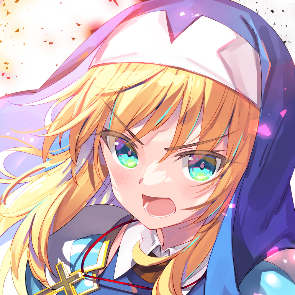 blonde hair solo open mouth nun green eyes cross 1girl  illustration images