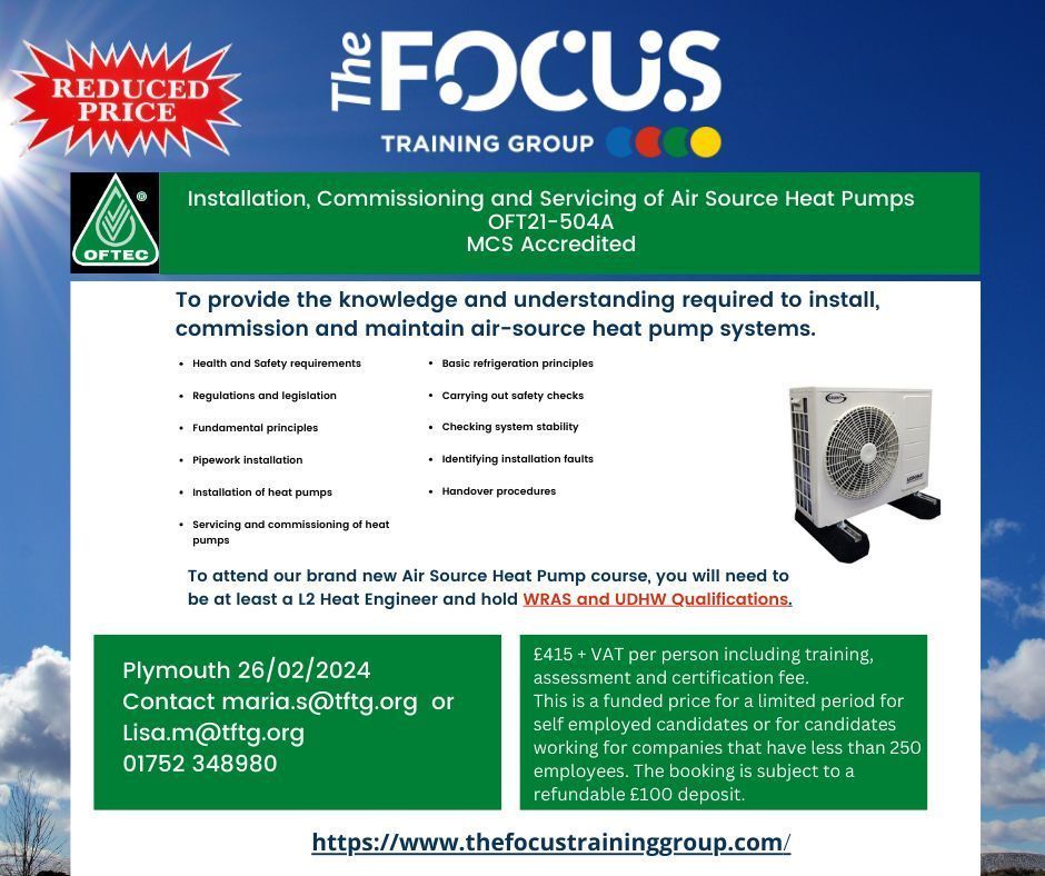 focustrainingsw's tweet photo. Don't miss out here is another chance to gain a reduction on the Air Source Heat Pump course 26th February - be quick👍
Contact scott.w@tftg.org 01626 832374 or maria.s@tftg.org 01752 348980
https://t.co/tQqfPPDYJC

#AirSourceHeatPump https://t.co/xYwjUcgOBM