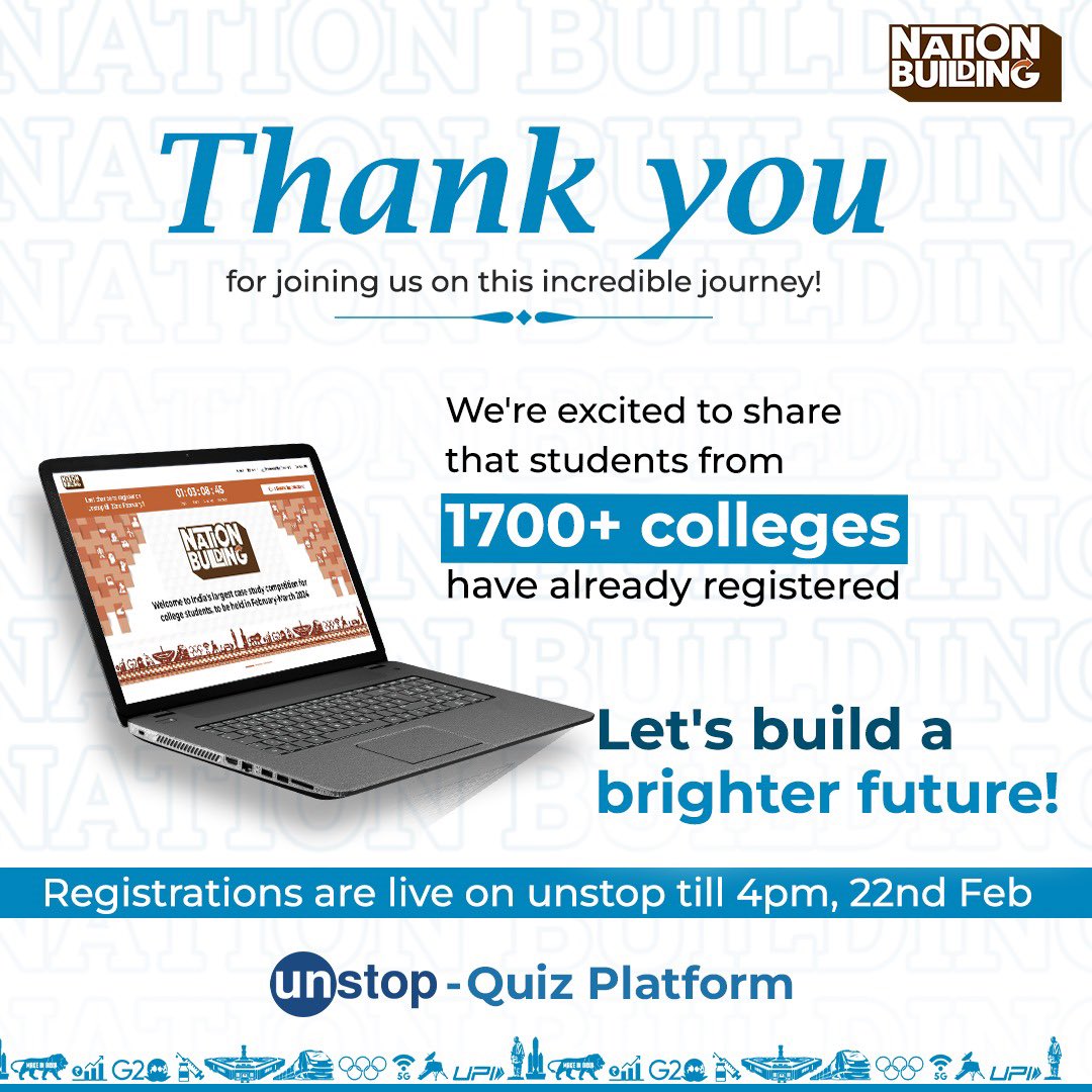 Build__Nation's tweet photo. Thanks to all the students who have registered! You can also secure your chance to win prizes worth Rs 18 Lakh. Registrations exclusively live on unstop till 4PM, 22nd February.
Register now at https://t.co/CB6QfNTICi
#NationBuilding #CaseStudyCompetition https://t.co/1hKKq1vuan