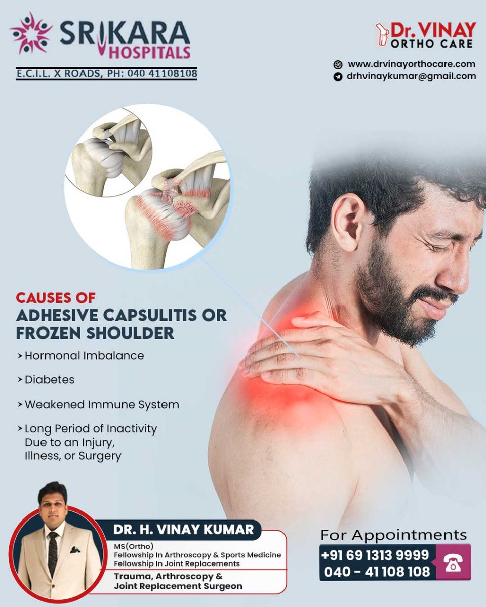 Adhesive capsulitis, or frozen shoulder, can result from injury, overuse, or underlying conditions like diabetes or thyroid disorders. 
Call: +91 6913139999
040 411 08 108
#drvinay #ecil #AdhesiveCapsulitis #FrozenShoulder #ShoulderStiffness #ShoulderPain #ShoulderInjury