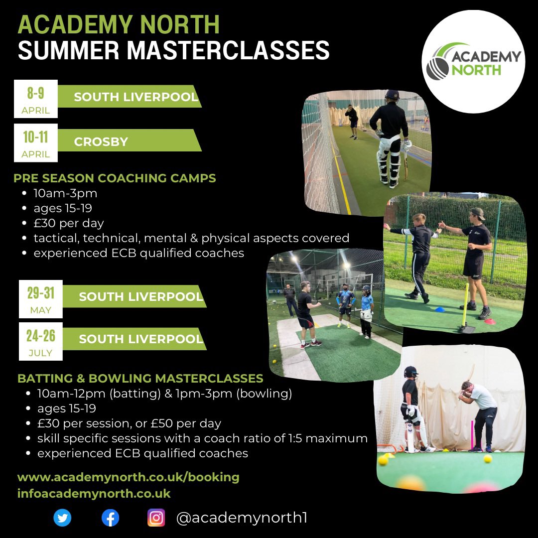🚨 CAMPS & MASTERCLASSES 2024 🏏 all Easter, half term & summer camps are now available to book 🏏 camps for players aged 5-14 🏏 masterclasses & coaching camps for players aged 15-19 🏏 academynorth.co.uk/booking