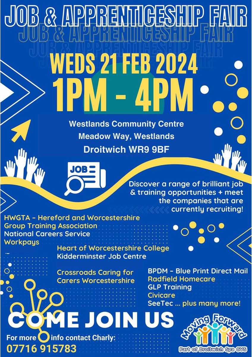 Come along to the Job & Apprenticeship Fair where you can speak to PCSO Ben Mawby & PC Dee Stanley about job opportunities @WMerciaPolice . Join us at Westlands Community Centre, Droitwich on Wednesday 21 Feb from 1pm till 4pm. Further details in the poster below 👇