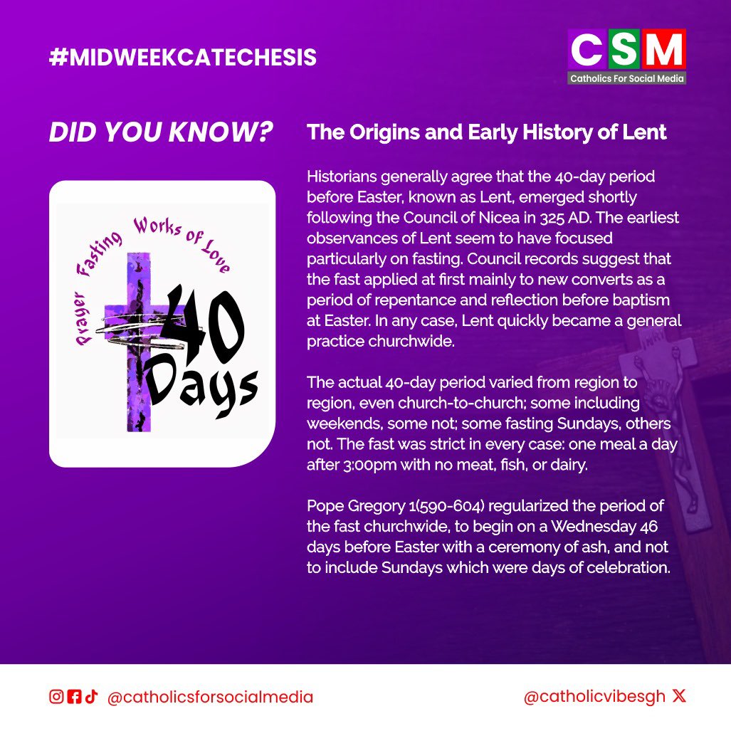 Catholicvibesgh's tweet photo. Today’s let’s find out more about the origins of Lent.🤓🤓🤓
#midweekcatechesis #wednesdayy #catholiccontent #didyouknow #catholicconnect #lent #journeywithjesus #Catholics
#yourewelcome #CatholicsonX
#CSM #catholiceducation https://t.co/48mgWeRauc