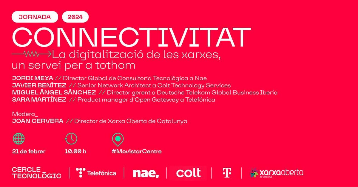 XarxaOberta's tweet photo. Avui en Joan Cervera modera el debat "La digitalització de les xarxes, un servei per a tothom” a @C_Tecnologic amb Sara Martínez @Telefonica, Jordi Meya @Nae_es, Javier Benítez @Colt_Technology i Miguel Ángel Sánchez del Pilar @deutschetelekom 
#xarxaoberta
#MWC24 https://t.co/7k3ueSGAn7