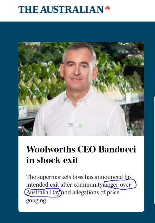 Somehow, ‘The Australian’ manages to connect the resignation of the failed and discredited Woolworths CEO not to his literal disintegration on screen during the ABC’s ‘Four Corners’ interview, but to the bogus Australia Day ‘boycotts!’
#MurdochGutterMedia #auspol #MSMFail