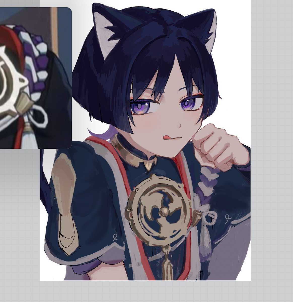 scaramouche (genshin impact) 1boy animal ears male focus tongue cat ears tongue out purple eyes  illustration images