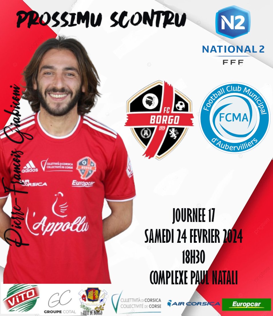 Championnat National 2️⃣ ⚔️ FC Borgo - @FCMAuber ⚽️ journée 17 📅 Samedi 25 février ⌚️ 18h30 🏟 Complexe Paul Natali 5 derniers matchs (de la 12ème à la 16ème journée ) FC Borgo : ❌️✅️❌️✅️❌️ Aubervilliers : ✅️❌️✅️❌️❌️ Forza FCB ❤️🖤