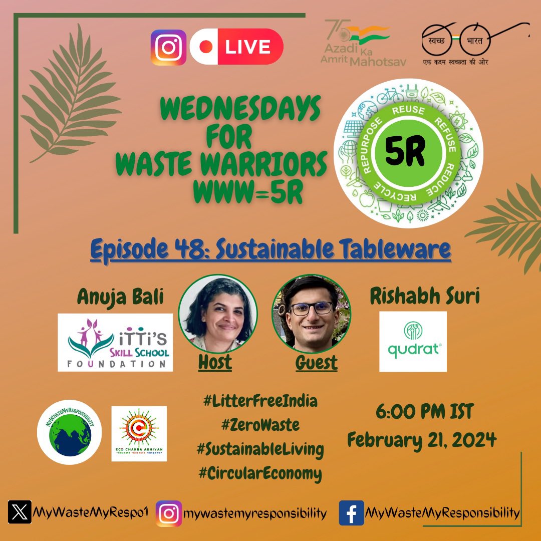 MyWasteMyResponsibility (@mywastemyrespo1) on Twitter photo Episode 48
Wednesdays for Waste Warriors WWW=5R
Join us for a live conversation with #Qudrat making responsible & sustainable tableware. Say no to single use plastic disposables. For travelling, here is a safer alternative.
instagram.com/mywastemyrespo… <a href="/MoHUA_India/">Ministry of Housing and Urban Affairs</a> <a href="/RoopaMishra77/">Roopa Mishra</a> Episode 48
Wednesdays for Waste Warriors WWW=5R
Join us for a live conversation with #Qudrat making responsible & sustainable tableware. Say no to single use plastic disposables. For travelling, here is a safer alternative.
instagram.com/mywastemyrespo… <a href="/MoHUA_India/">Ministry of Housing and Urban Affairs</a> <a href="/RoopaMishra77/">Roopa Mishra</a>