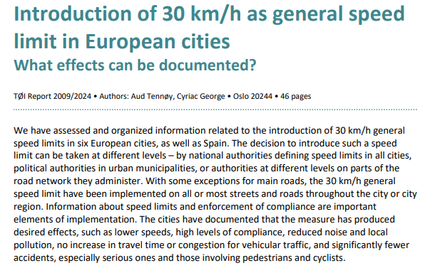 A new study on the effects of 30 km/h speed limits in Europe from the Norwegian Institute of Transport Economics. toi.no/publications/i…