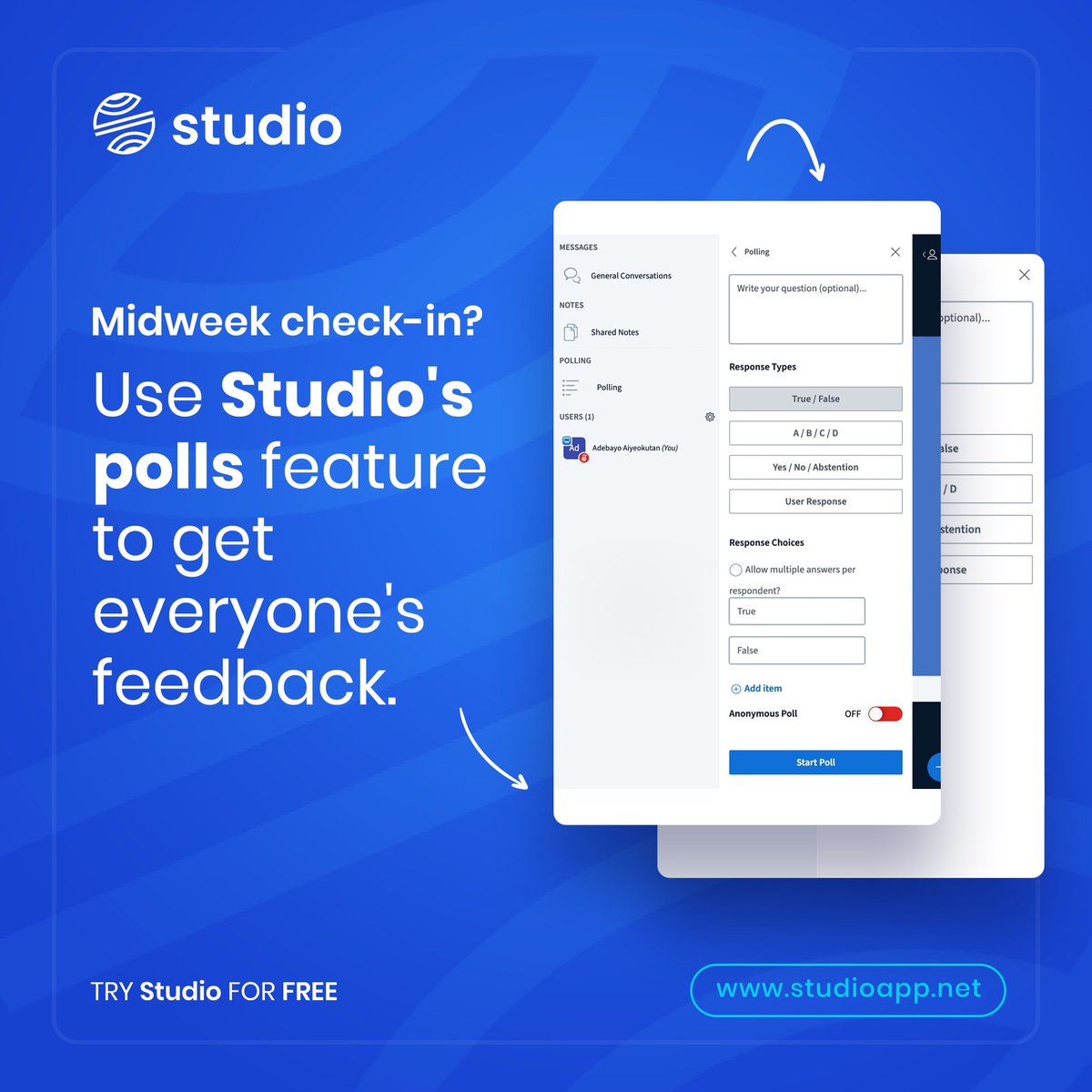 Don’t just guess! Get real-time insights with Studio polls during your midweek check-in. 

Stay connected, informed, and productive as a team.

#virtualmeeting #onlinemeeting #effectivemeetings #teamwork #teammeeting #collaboration #remotework #studio