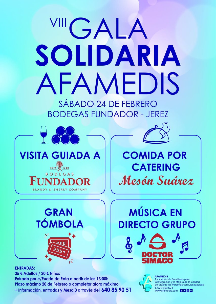 ❤️Participa en esta acción solidaria en #Jerez de @Afamedis ⤵️

➡️La VIII Gala Solidaria con visita guiada a @BodegasFundador, gastronomía, tómbola y música en directo 🎶

📅 Se celebrará este sábado, día 24 de febrero 

¡Ayuda y disfruta!

@YessikaQp
@JerezVoluntaria
@feproami
