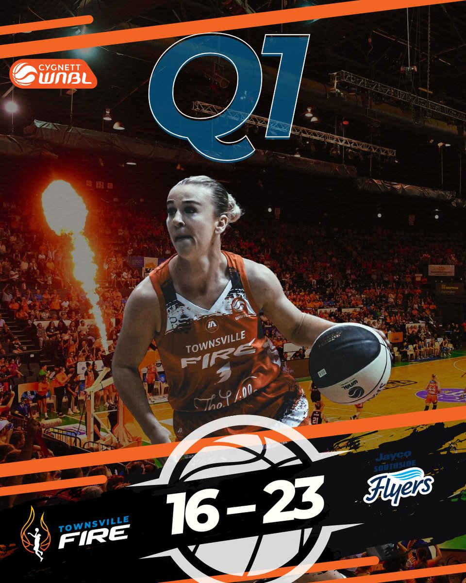 Southside Flyers are leading with 23 - 16, Fire are close behind!! 🔥😤 Let's keep the support going strong!! 📺 Watch live on ESPN #BePartOfIt #TownsvilleFire #FireupTownsville #PaintTheTownOrange #GameDay