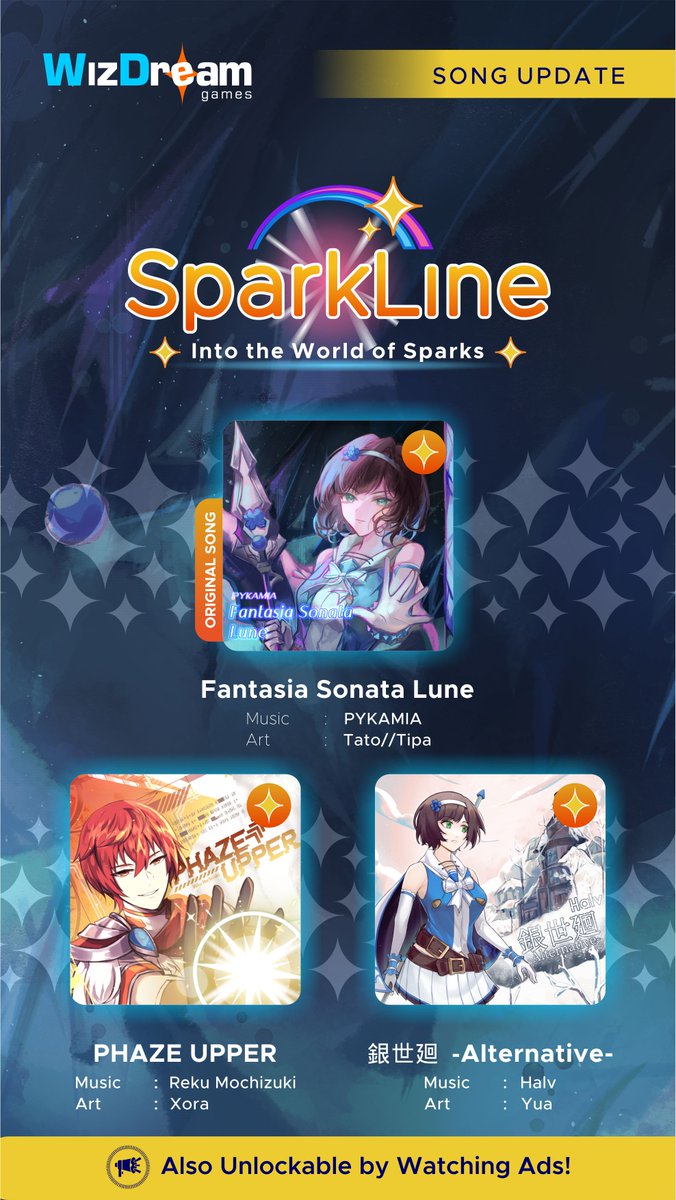 SparkLine_EN's tweet image. Final announcement before #SparkLineGame&apos;s v1.5.0 update... 

Announcing 3 more songs you can get for free by using Stars or watch ads if you want to make it quick!

Fantasia Sonata Lune [Original Song]
🎵 PYKAMIA @kami_shina  
🎨 Tato//Tipa @Tatonary 

PHAZE UPPER
🎵 Reku…