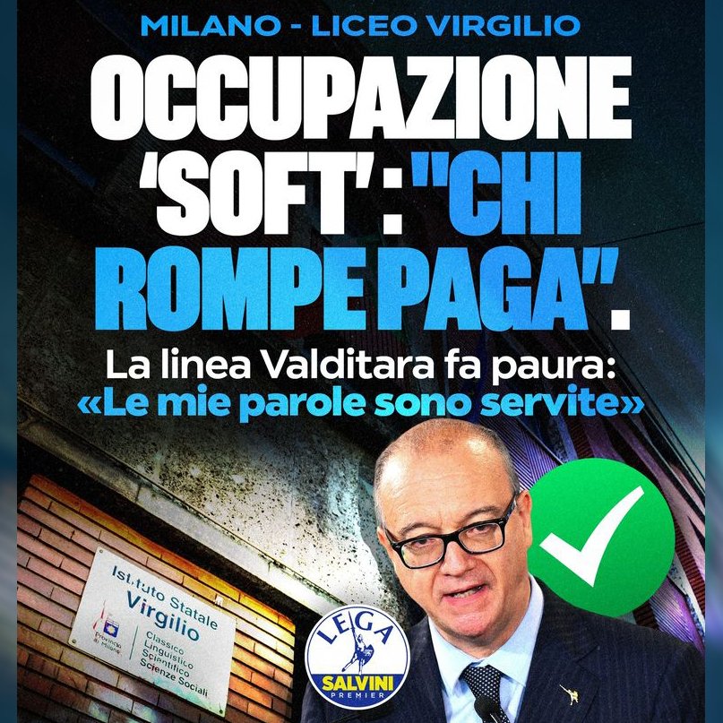 AlessioColzani's tweet image. 🔵 LA LINEA DURA SULLE #OCCUPAZIONI FUNZIONA: I #RAGAZZI ADOTTANO IL "CHI #ROMPE #PAGA"

Occupazione al liceo Virgilio di Milano, ragazzi e ragazze hanno adottato il criterio del “chi rompe paga”. Il ministro dell’Istruzione e del Merito @G_Valditara: "Le mie parole sono servite"