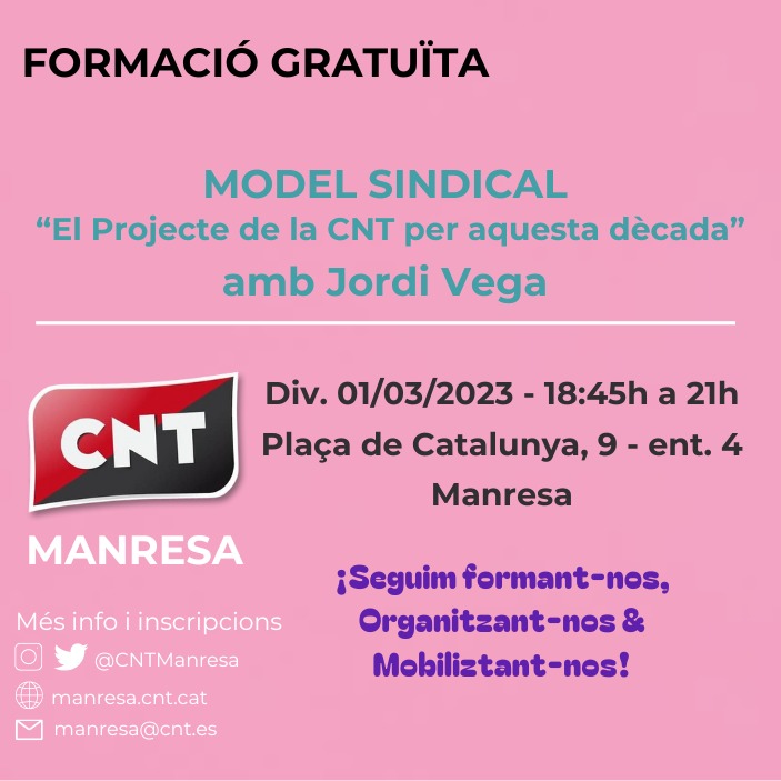 CNTManresa's tweet photo. El proper divendres 1 de març a les 18:45 (veniu abans)
L'anarcosindicalisme davant la crisi capitalista. Recuperem la iniciativa!
🎳Explicació del nostre model sindical i el projecte del sindicat durant aquest període.
Si t'interessa la CNT, vine.
#ContaambCNT #ModeloSindical https://t.co/HQ3DwzceEb