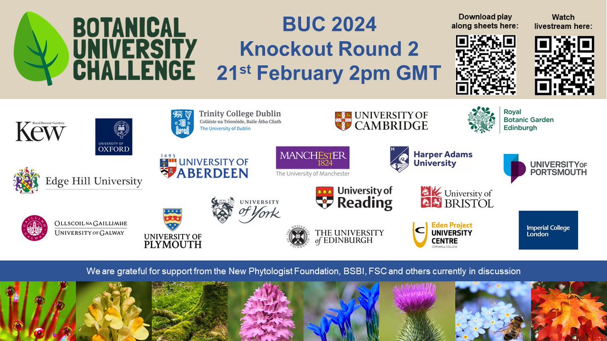 IT IS TODAY! Our 18 plantastic teams compete in round 2 of @BUCBotany #BUC2024! Kick off 14:00 GMT Wednesday 21 February: tinyurl.com/BUCBotany @BSBIbotany @Botanical_ @LinneanSociety @OBGHA @SLBotanicalInst @NewPhyt @Botanical_ @TorreyBotanical @CIEEMnet @CountrysideJobs