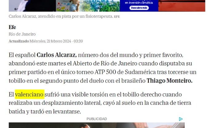 Este es el nivel del periodismo patrio. Cuidado, <a href="/carlosalcaraz/">Carlos Alcaraz</a> que te sacan parentesco con Juan Carlos Ferrero... o con Rita Barberá!! Y nada menos que la agencia <a href="/EFEnoticias/">EFE Noticias</a>