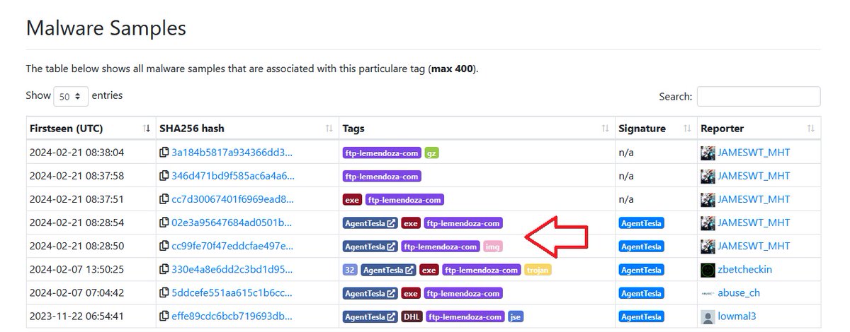 "Invio Ordine accompagnatorio" spam email
spread #AgentTesla
Eml>IMG>Bat

Samples + tag old samples + hunting
bazaar.abuse.ch/browse/tag/ftp…

Exfil
ftp.lemendoza[.com
admini@lemendoza[.com
