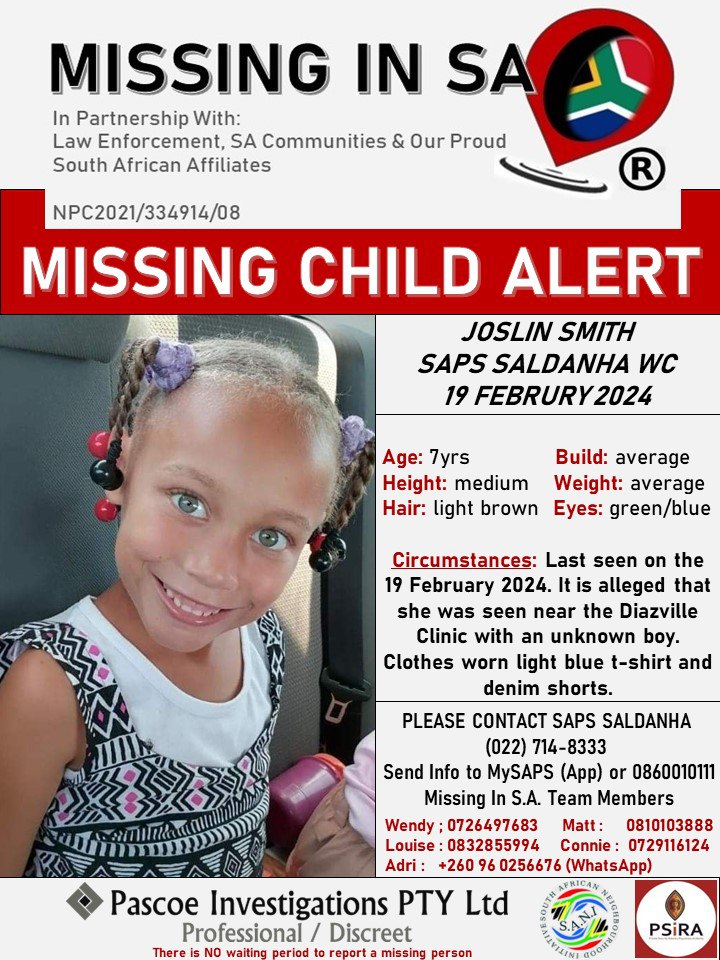 MissingsInSA's tweet photo. Have you seen Joslin Smith!!

#helpbringjoslinhome
#missinginsa
#pascoeinvestigationsptyltd

MISSING CHILD ALERT: Joslin Smith 7Yrs 19 February 2024. SAPS SALDANHA WC. https://t.co/q4PKSURRnG