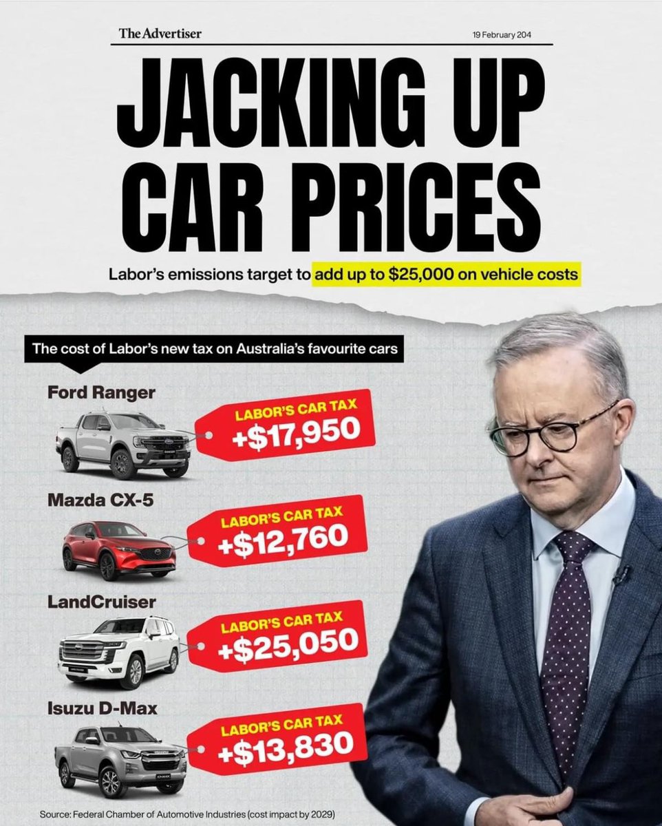 SenatorCash's tweet photo. The cost of Labor’s tax on the family car has been revealed.

Labor’s policy will hit families who rely on SUVs to get their kids to school and tradies who rely on utes to do their job. https://t.co/4Ol8HaioPu
