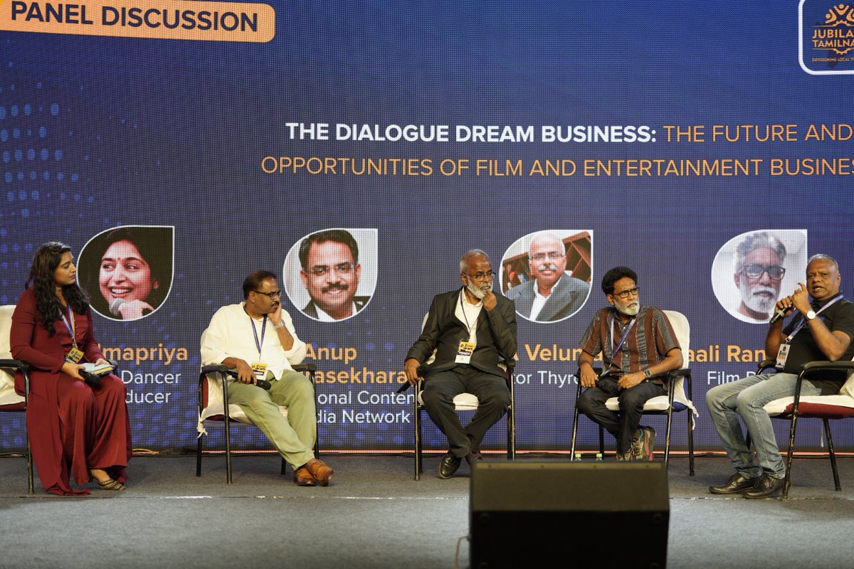 📸 Fascinating visuals of the session "The dialogue dream business: The future and opportunities of film and entertainment business" at the Jubilant Tamil Nadu Global Expo &amp; Knowledge Summit 2024. 
#JubilantTamilNadu #GlobalExpo #KnowledgeSummit 🎥#TheTalkSession #FilmIndustry