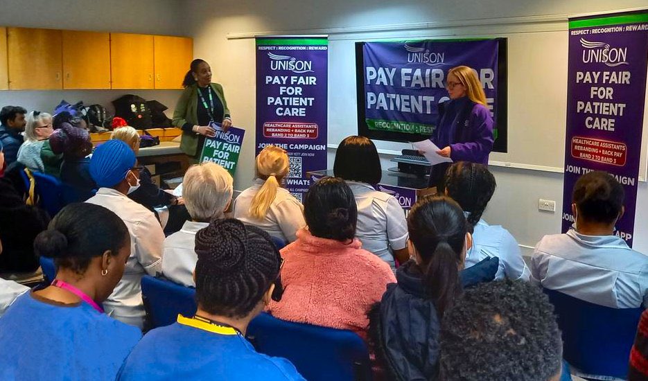 Great pics of our members from yesterday who are up for the fight for fair pay! 💪 We go again today at Lewisham Hospital ✊🏽🫡  #PayFairForPatientCare #PutNHSPayRight #teamUNISON💜💚