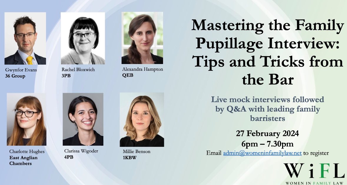 ** Calling family law pupillage applicants ** Join us for a live mock interview and Q&A for an insight into the interview process and tips for success. Excited to be part of this event alongside such brilliant colleagues. Do share with your networks- all welcome! @WiFLaw