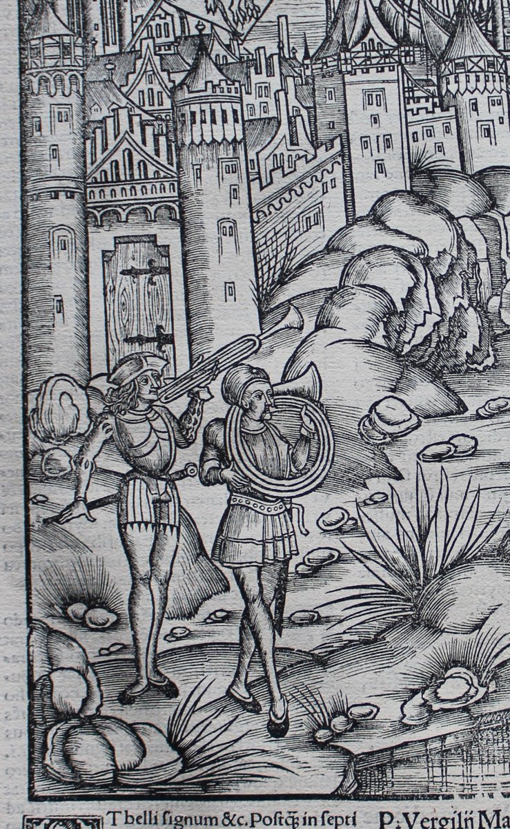 WorcCathLibrary's tweet photo. A 1517 woodcut of musicians outside a city. This is from a copy of Virgil's Aeneid. https://t.co/GLvj27ze9t