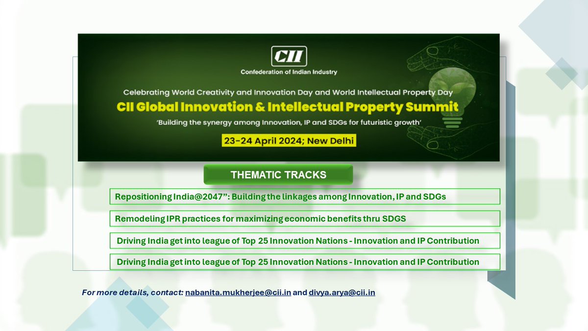 CII4IPR's tweet photo. Join the "Global Innovation &amp; Intellectual Property Summit" where we'll harness the power of #Innovation  and IP excellence to drive progress towards the SDGs. #InnovationSummit #IPExcellence #SDGs To know more kindly register ➡️https://t.co/aHKN5w5GZF @TataCompanies @Infosys https://t.co/cp1npjFpkC
