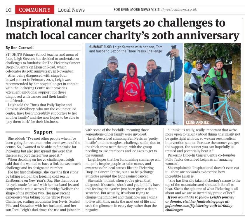 Amazing to see our wonderful fundraiser Leigh Stevens in today's @timeslocalnews as she takes on 20 challenges to mark our 20th anniversary. As Polly says: 'Inspirational doesn't even cut it.' timeslocalnews.co.uk/tunbridge-well… #pickeringcancerdropincentre #inspirational #twentychallenges