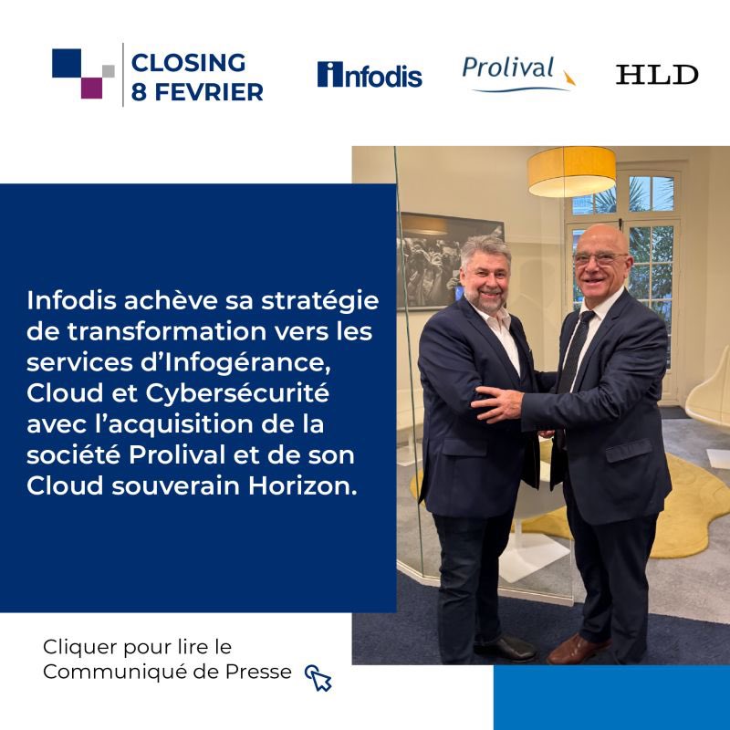 TenexaGroupe's tweet image. Closing Prolival ✍

Infodis achève sa stratégie de transformation vers les services d’Infogérance, Cloud et Cybersécurité avec l’acquisition de la société Prolival et de son Cloud souverain Horizon. ☁️

Lien du communiqué de presse : lnkd.in/epCtECFq

#closing #croissance