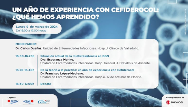Sociedad_SEMI's tweet photo. 🔴📢Seminario web SEMI-FEMI el 4 de marzo de 16:00 a 17:00 horas a cargo del @GteiSemi y con patrocinio de @SHIONOGI_JP: "Un año de experiencia con cefiderocol: ¿qué hemos aprendido?"
Info. e inscripciones: https://t.co/yo8nYpWVL8
#SEMITuit #MedicinaInterna @CarreteroJuani https://t.co/UWQMXc6uGj