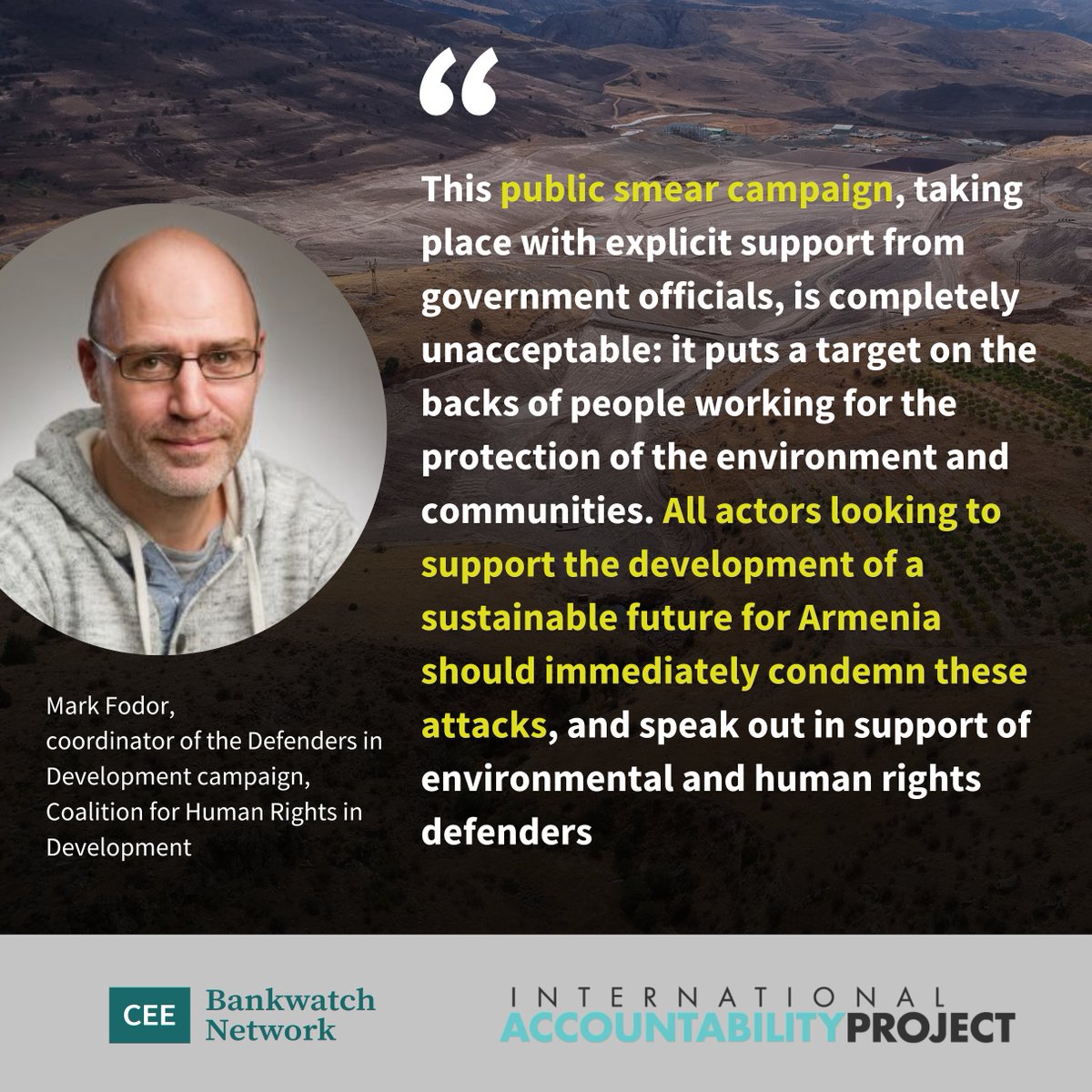 RightsinDevt's tweet photo. In recent months Armenian human rights & environmental orgs have been criminalised and defamed in the local media for their peaceful work.
✊We stand in solidarity with them, and call on the authorities & companies behind these attacks to #StopReprisals:
https://t.co/1lFx9CYcbz https://t.co/3lWtwX1RSg