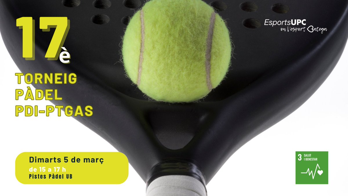 EsportsUPC's tweet photo. 💥 ÚLTIMES PLACES pel 17è Torneig de Pàdel obert al col·lectiu #PDIPTGAS de @la_UPC !🥎
📅 5 març
⏰ de 15 a 17 h
📍Pistes de Pàdel @EsportsUB
📝Inscripcions fins al 29/02
Més info i inscripcions a:
🔗https://t.co/d9DP17XF68
#EsportsUPC #upc #padel #torneig #movemlaupc https://t.co/xRUeNDhlLu