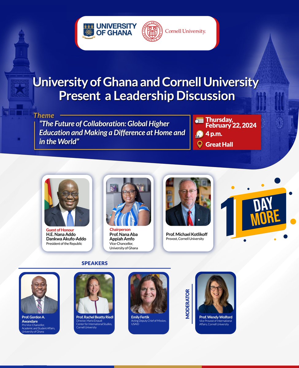 The countdown is on!   It's just a day until the historic visit of <a href="/Cornell/">Cornell University</a> to <a href="/UnivofGh/">University of Ghana</a>!

Get ready for an incredible exchange of knowledge, collaboration, and cultural connections.

#UG #Legon #Cornell  #InternationalCollaboration  #IntegriProcedamus