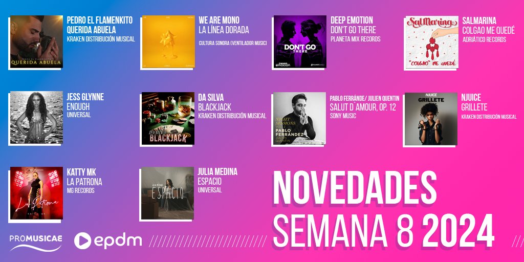 portaldemusica's tweet photo. ¡Mantente al día con los éxitos más recientes de la mano de @PedroFlamenkito, @we_are_mono, @DeepEmotion_Es, @SalMarinaaaa, @jessglynne, @DASIL9, @Pablo_Ferrandez, #Njuice, #kattyMk y @itsjuliamedina! ¡Escúchalos ahora en 👉🏻 https://t.co/bYyfE5OzY6! https://t.co/Nvt6yu2yPl