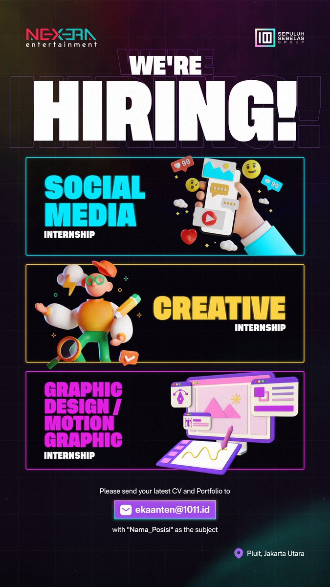 Lowkerid1's tweet photo. Lowongan kerja, pluit
Internship
#socialmedia #creative #GraphicDesigner #motionGraphics https://t.co/5pqRL0vxbd