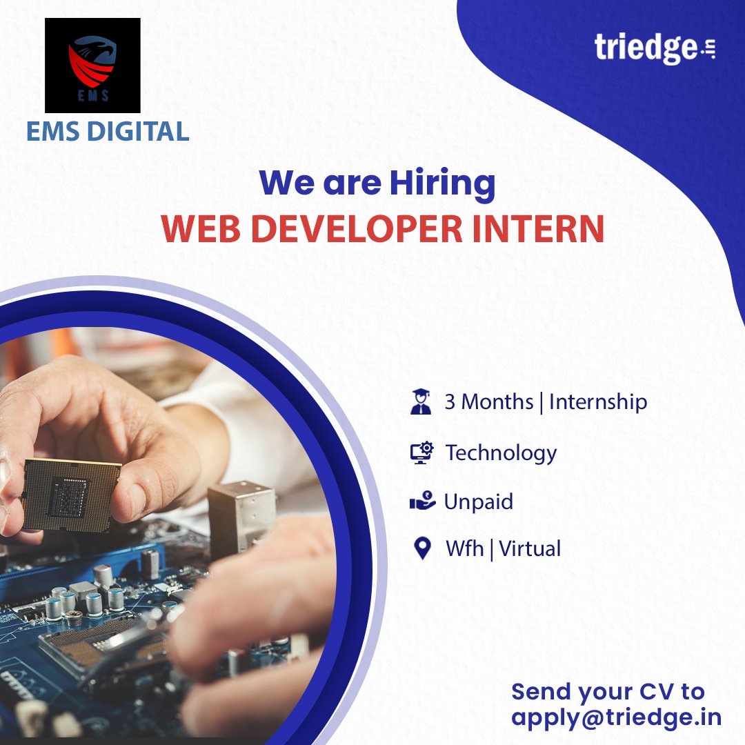 Triedge_in's tweet image. #Internships #WebDeveloperIntern
EMS Digital is providing opportunities for the role of Web Developer Intern
. Apply with your resume at apply@triedge.in.