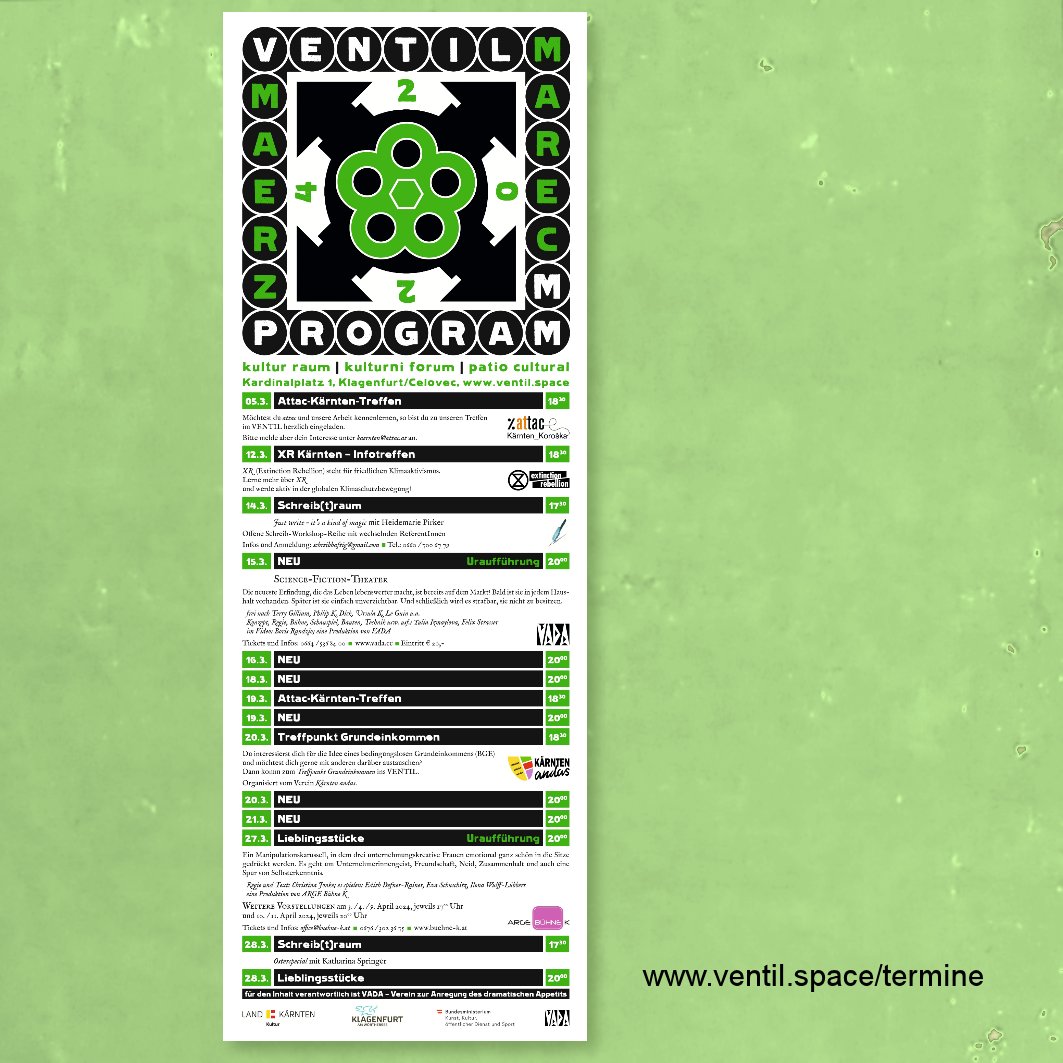Das März-#Programm fürs #VENTIL ist da! Plakate und Flyer werden in den kommenden Tagen in über 50 Locations in #Klagenfurt / #Celovec verteilt.
