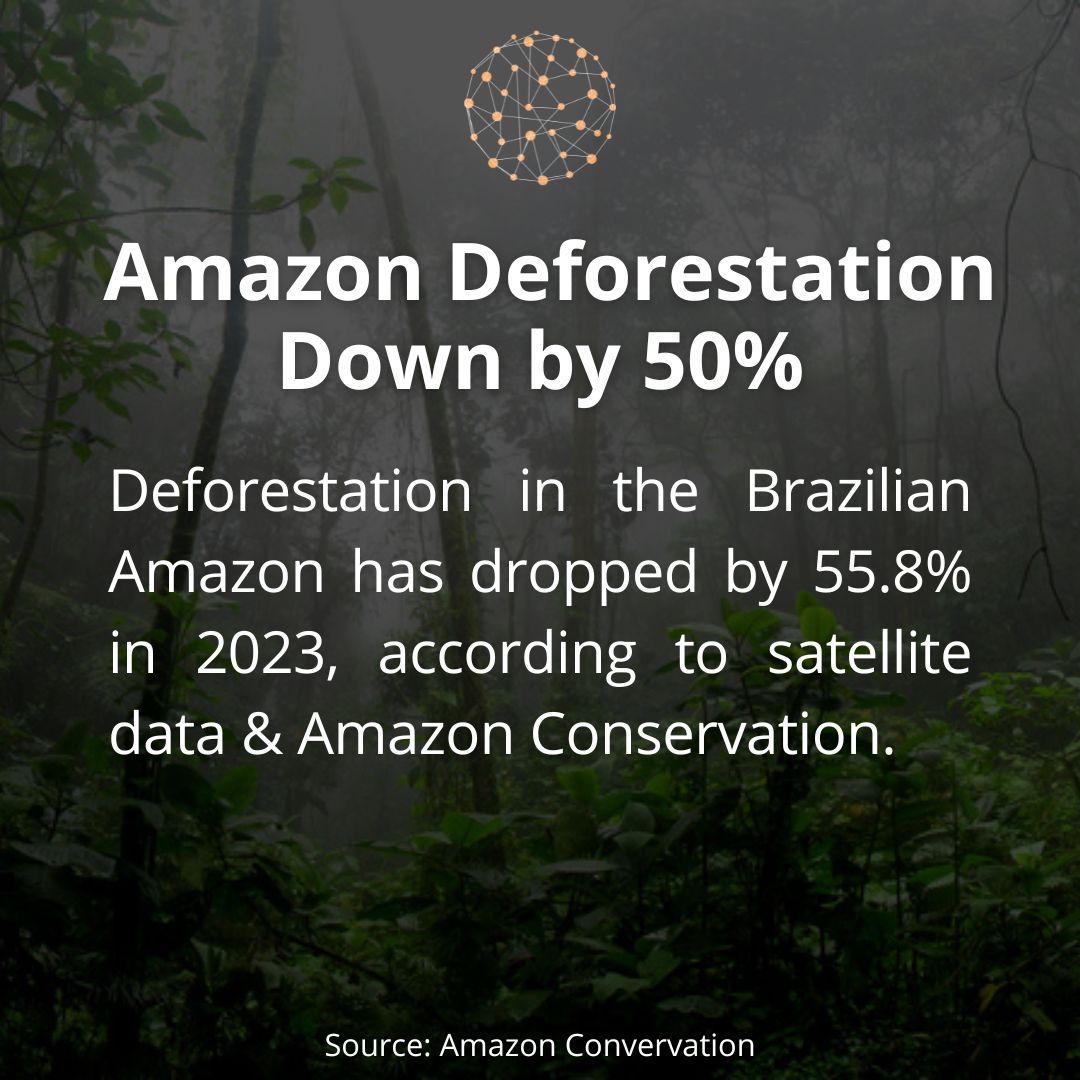196_foundation's tweet photo. Deforestation in the Brazilian Amazon has dropped by 55.8% in 2023, according to satellite data &amp; Amazon Conservation. This is the lowest level in five years, and a sign that conservation efforts are paying off. #positivenews #amazon #deforestation #conservation #196foundation https://t.co/kUgW4N5Moo